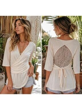 Vanessa Virginia Cream Crochet Back Wrap Top Boho Peplum Size S